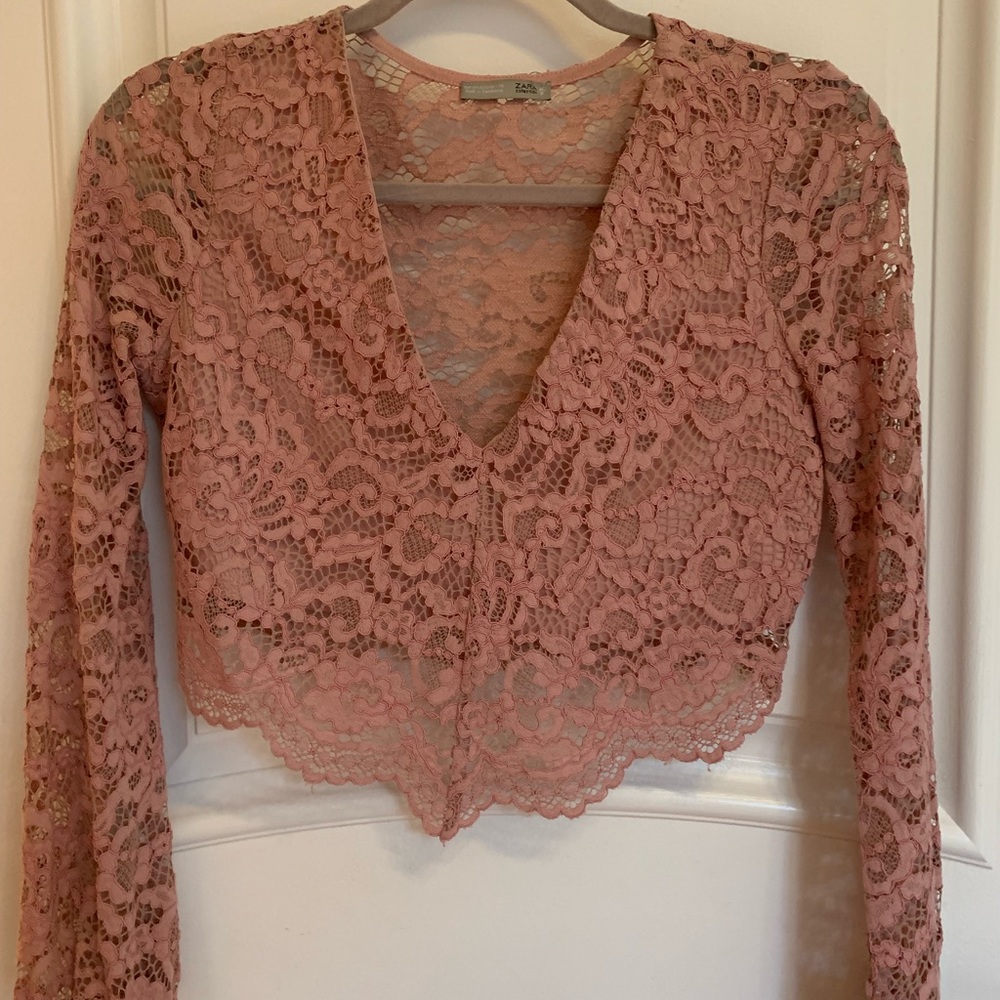 Holiday Chic Classic Blush pink long sleeve crop top lace
